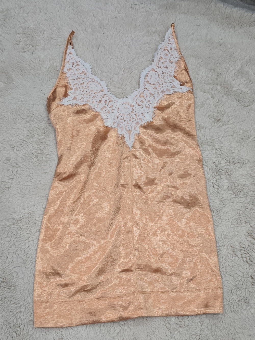Free People Peach Satin Slip with White Lace V-Neck